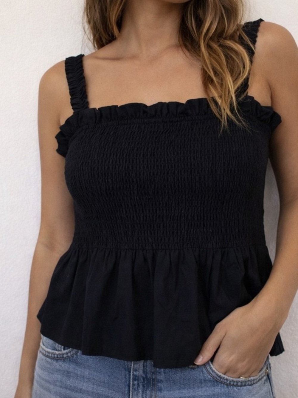 Topshop Black Smocked‎ Babydoll Tank Peplum Top Medium Coquette